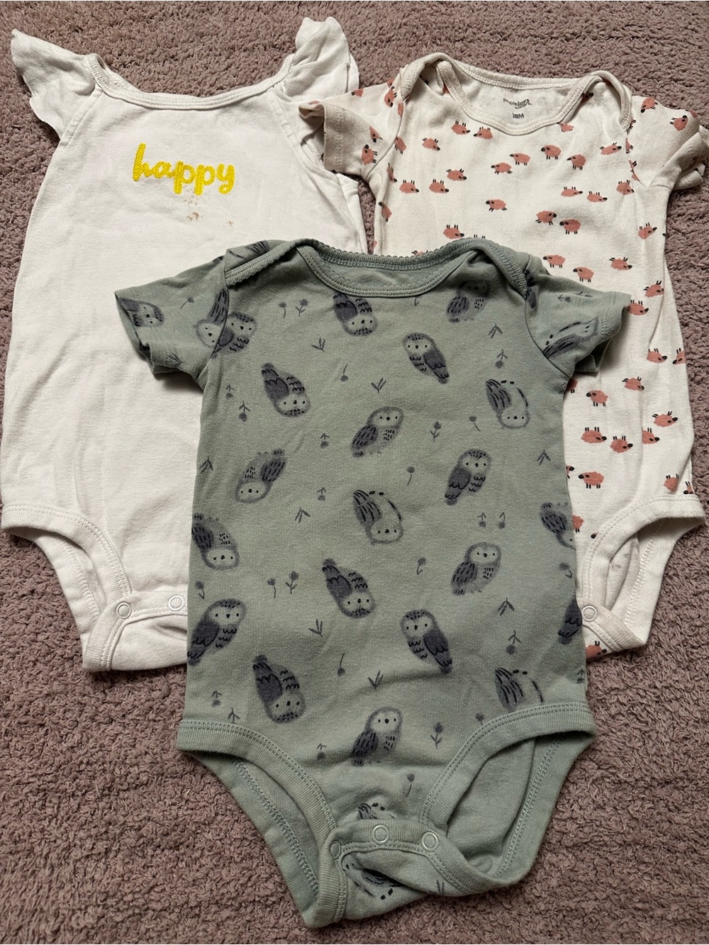 🌿🦉 Carter’s & Simple Joys 3-Piece 18M Bodysuit Bundle | Owls, Sheep & Happy
